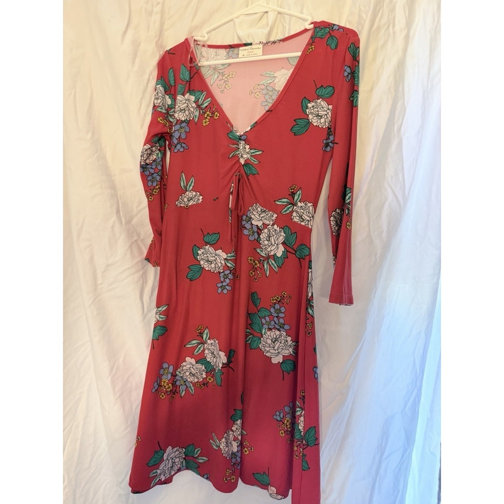 Bobbi Brooks Red Floral V Neck dress soft n cozy Medium NWT